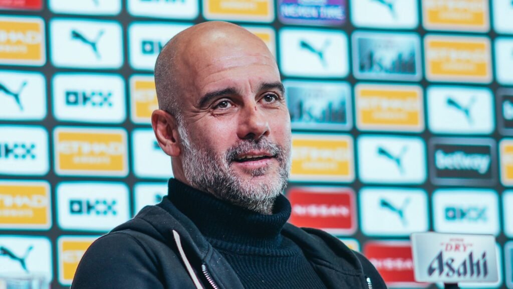 Pep Guardiola em entrevista coletiva. Foto: Divulgação/Manchester City